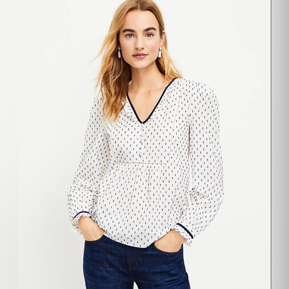 LOFT NWT Dotted Clip Ruffle Bib Blouse